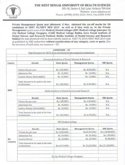 West Bengal PG fees detail